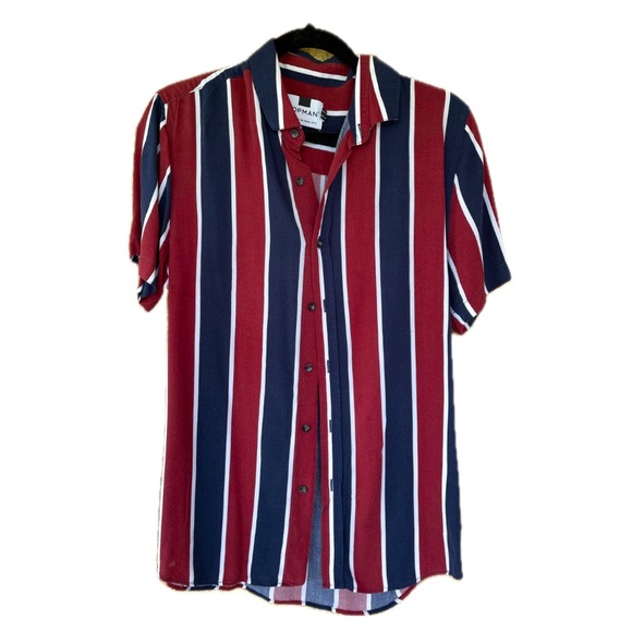 Topman Navy, Maroon, and White Striped Viscose Shirt - Men’s Medium - Picture 3 of 10